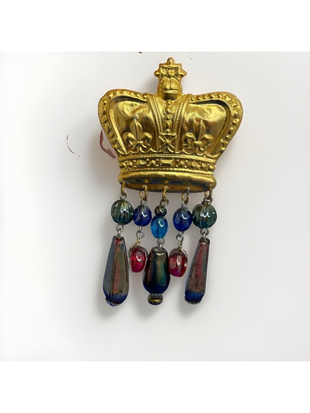Vintage Glass Dangle Crown Brooch Fleur De Lis Gold-Tone Pin